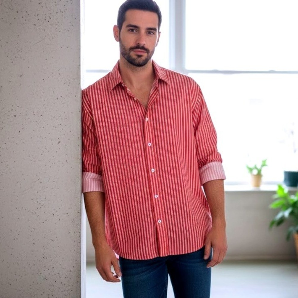 Joe's Mens XL Red‎ White Vertical Stripe Cotton Long Sleeve Button Down Shirt